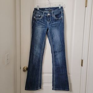 Ariya Jeans Size 5/6 Low Rise Bootcut, Contrast Stitching, Gently Used Condition
